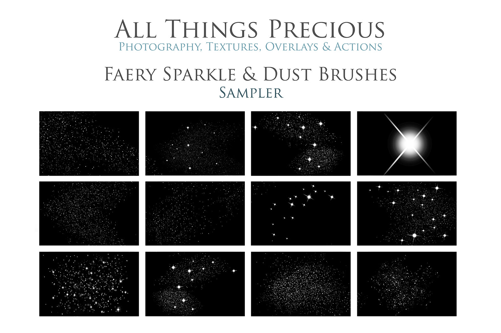 Magical Fairy sparkle and dust Photoshop brushes for photography and digital design.  Digital Stamps for scrapbooking, photography and graphic design. Assets and Add ons. High resolution digital files.  ATP Textures